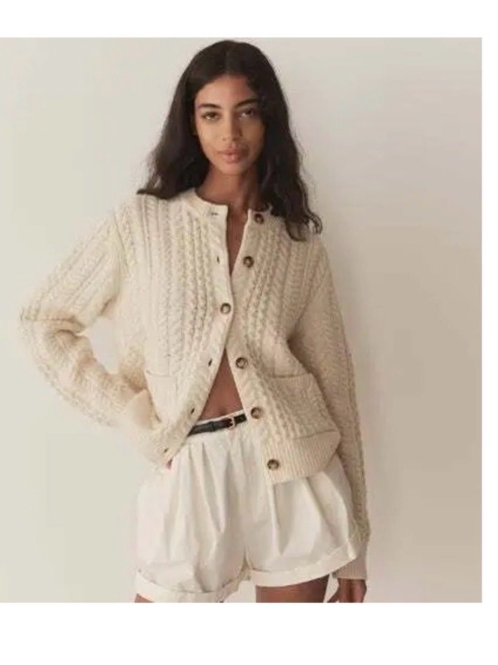 Doen Marlene Ivory Cable Knit Button-Front Cardigan